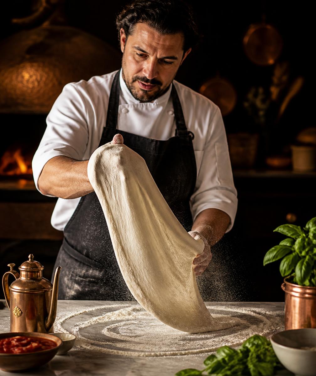 Chef hand-stretching fresh pizza dough on a marble counter
