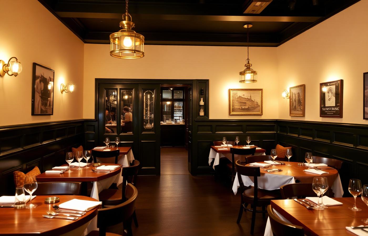 Warm Little Italy dining room with brass lights and green panelling