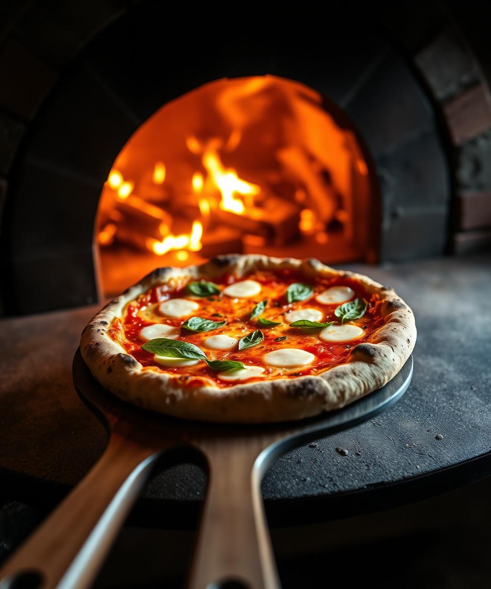 Margherita pizza fresh from the wood-fired oven