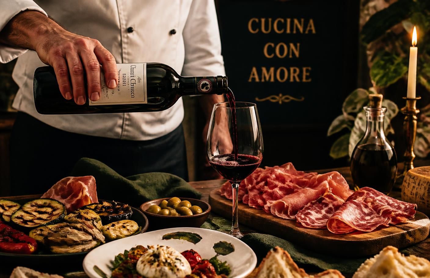 Chianti poured beside a spread of Italian antipasti